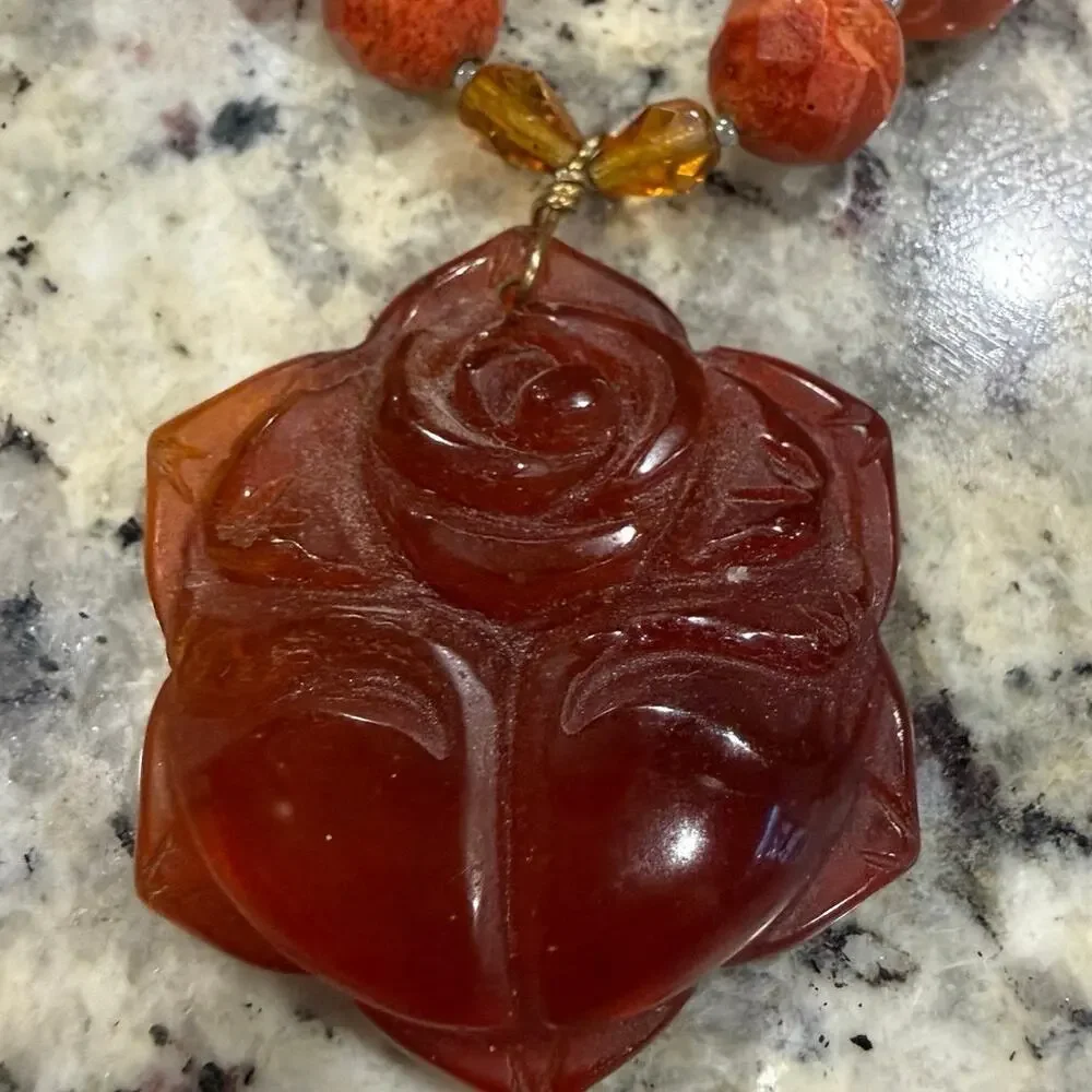 Vintage Korea Carnelian Rose Pendant Necklace Hand Carved Statement Floral 111g